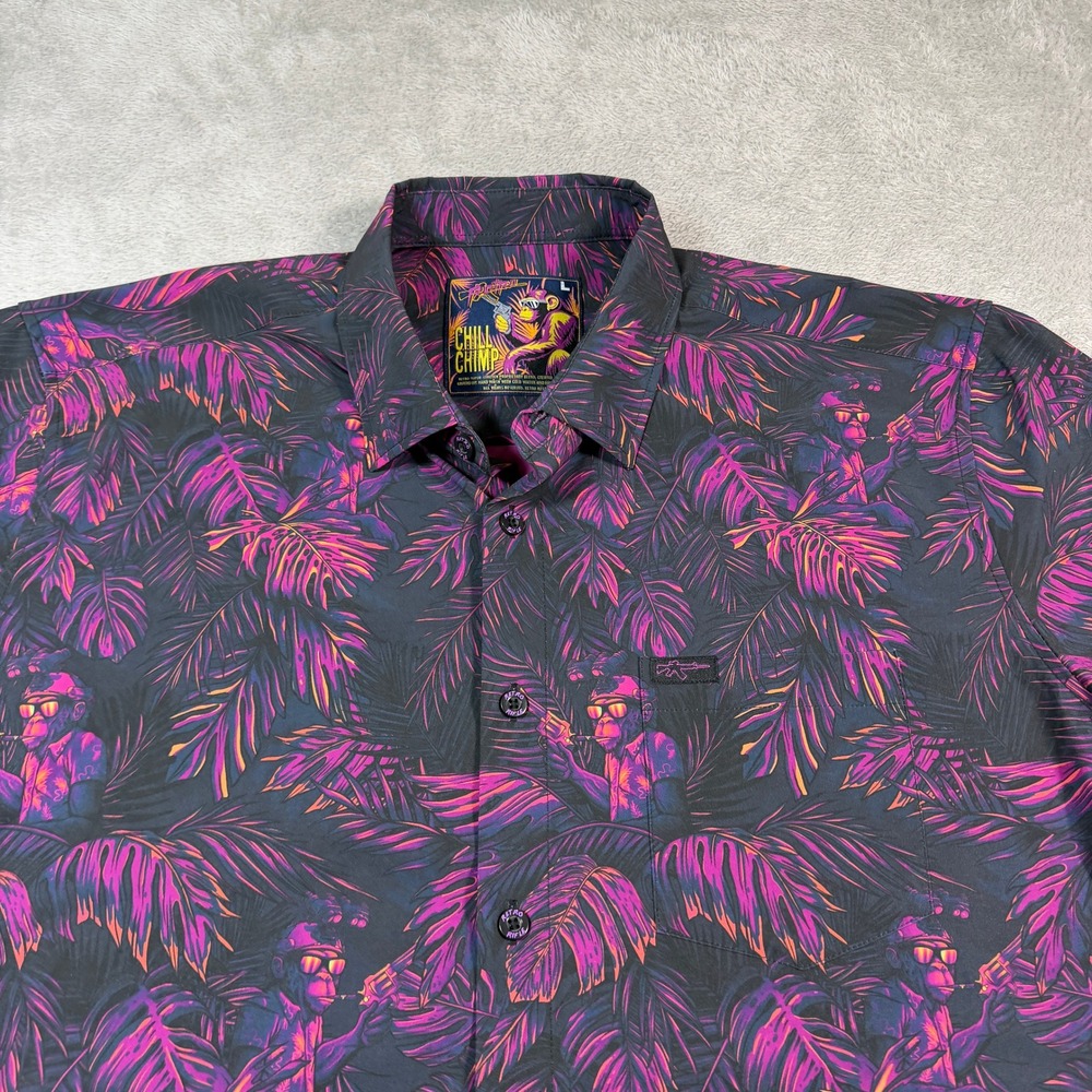 Retro Rifle Chill Chimp Button Up Shirt Mens Large Black Purple Tropical Monkey